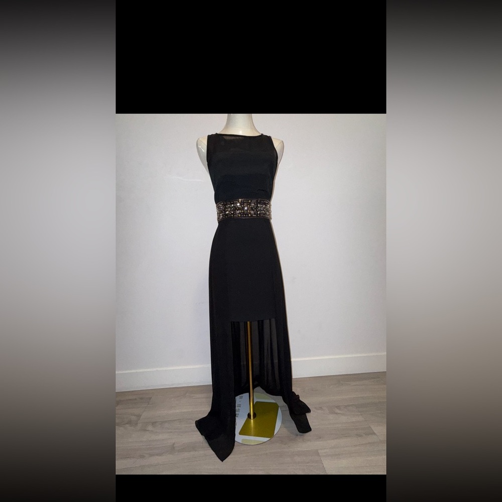 bebe Black High Low Dress with Embellished Waist